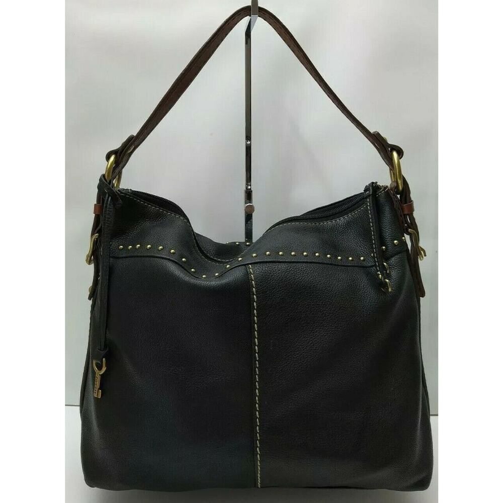 Fossil Black Pebbles Leather Zipper Closure Hobo Shoulder Bag